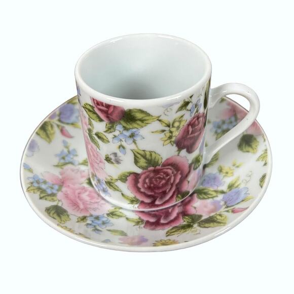 El Ganador Porcelain Floral 2 oz Demitasse Cup Saucer Pink Roses Small 2" Tall - Picture 2 of 13